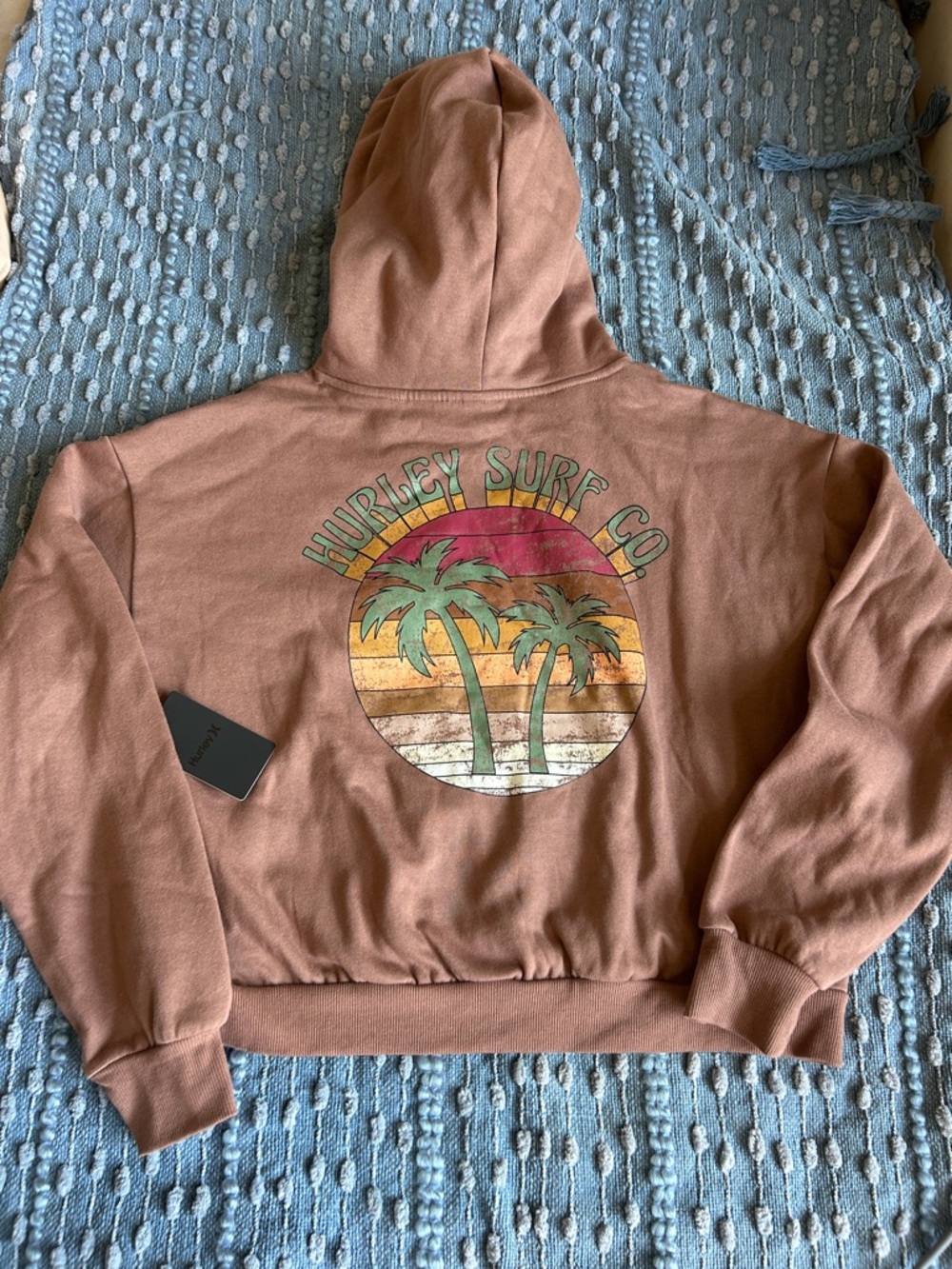 NWT Hurley women's hooded Crop Pullover sweatshirt graphic design chest/back (M)
